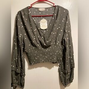 Altar'd State Hunter Green Cropped  Blouse with White Dots